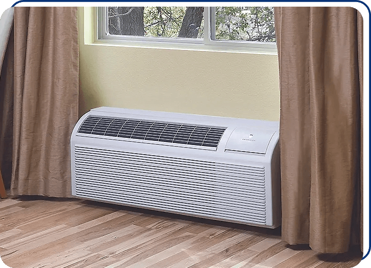 A window air conditioner sitting in front of a window.
